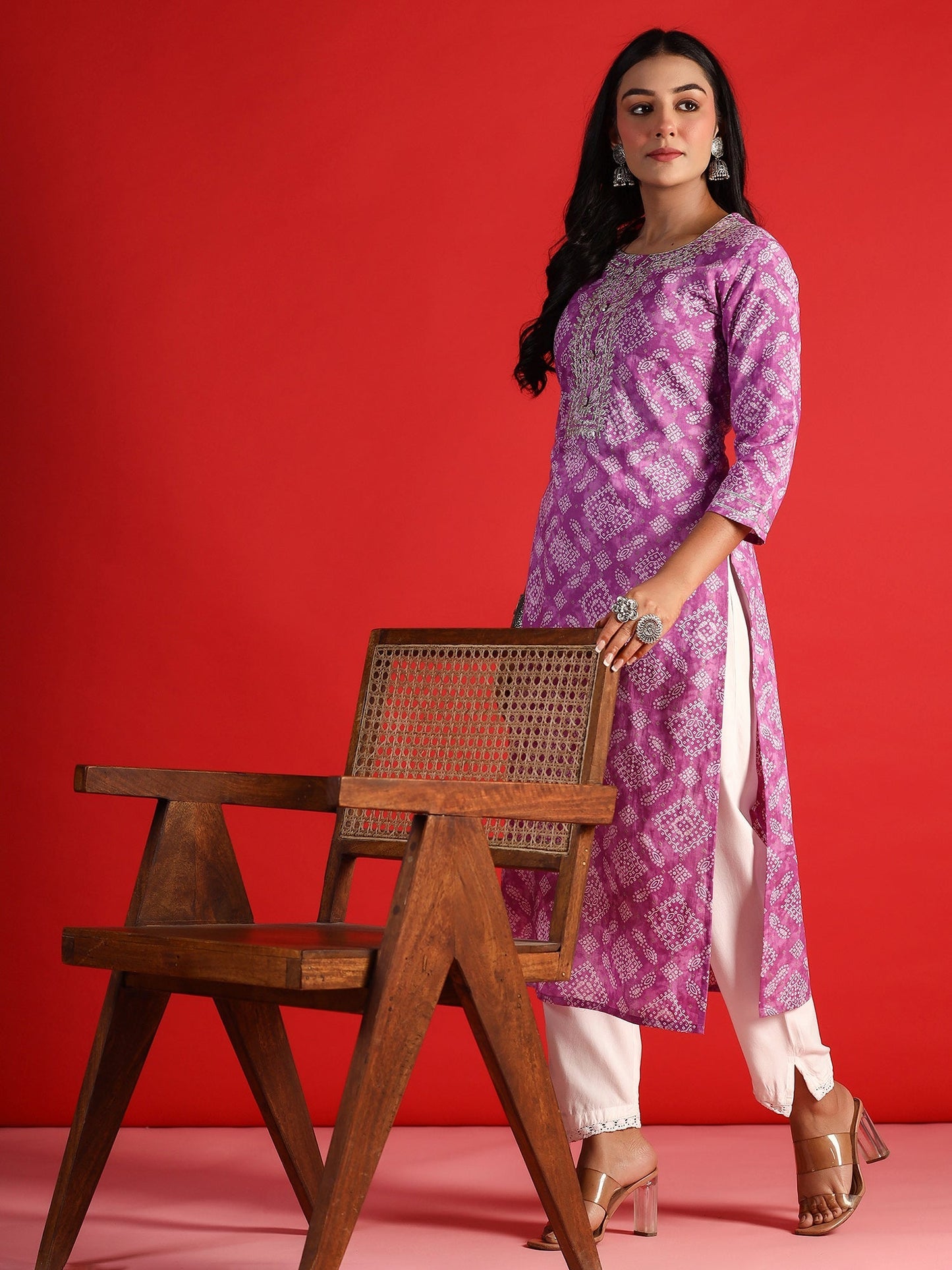 Indo Era Lavender Printed Straight Kurtas