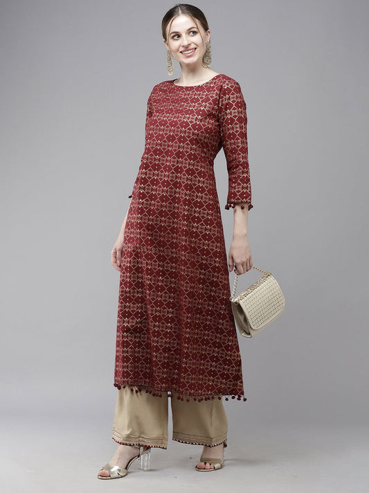 Maroon Printed A-line Kurta