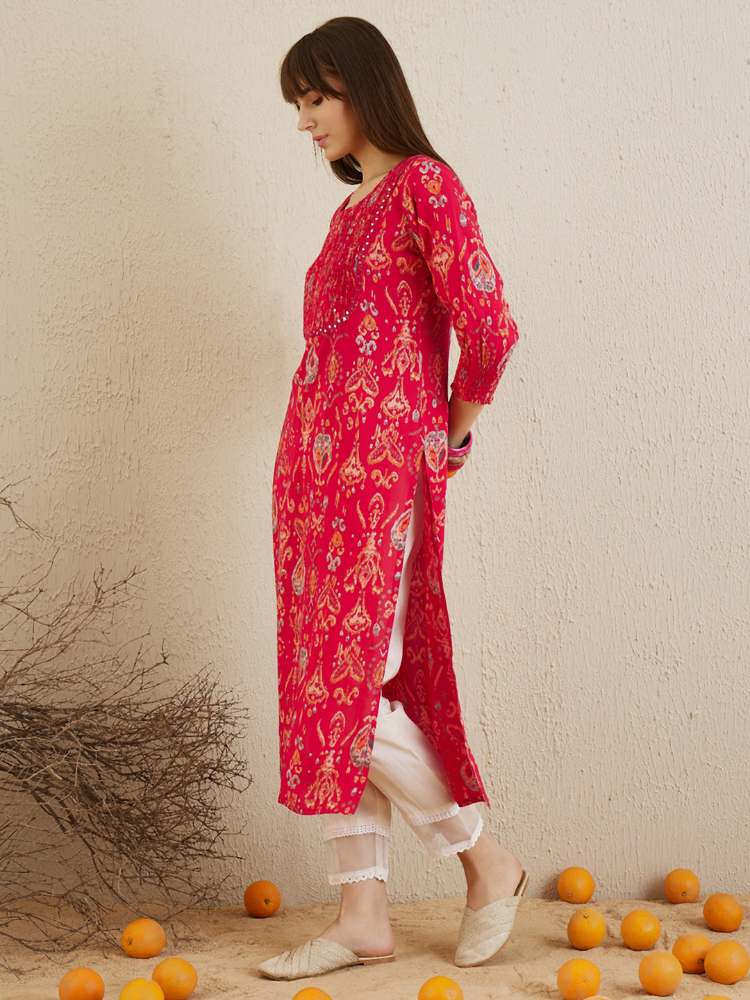 Indo Era Magenta Printed Straight Kurtas