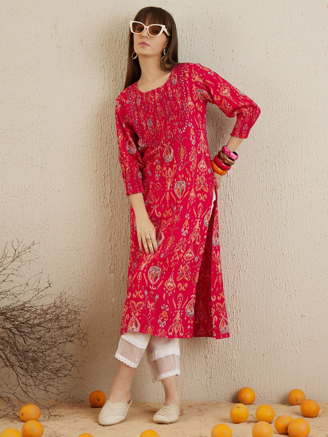 Indo Era Magenta Printed Straight Kurtas