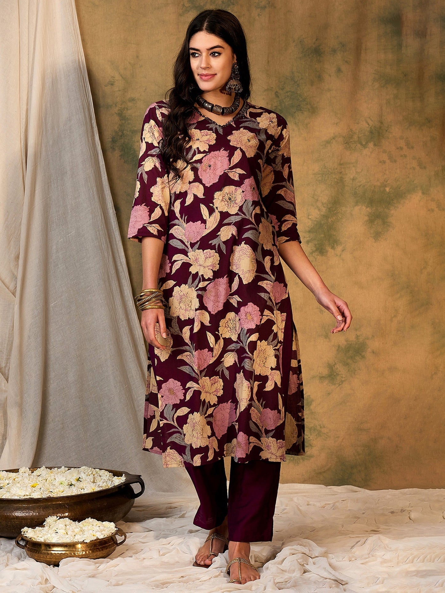 Indo Era Burgundy Printed Straight Kurtas