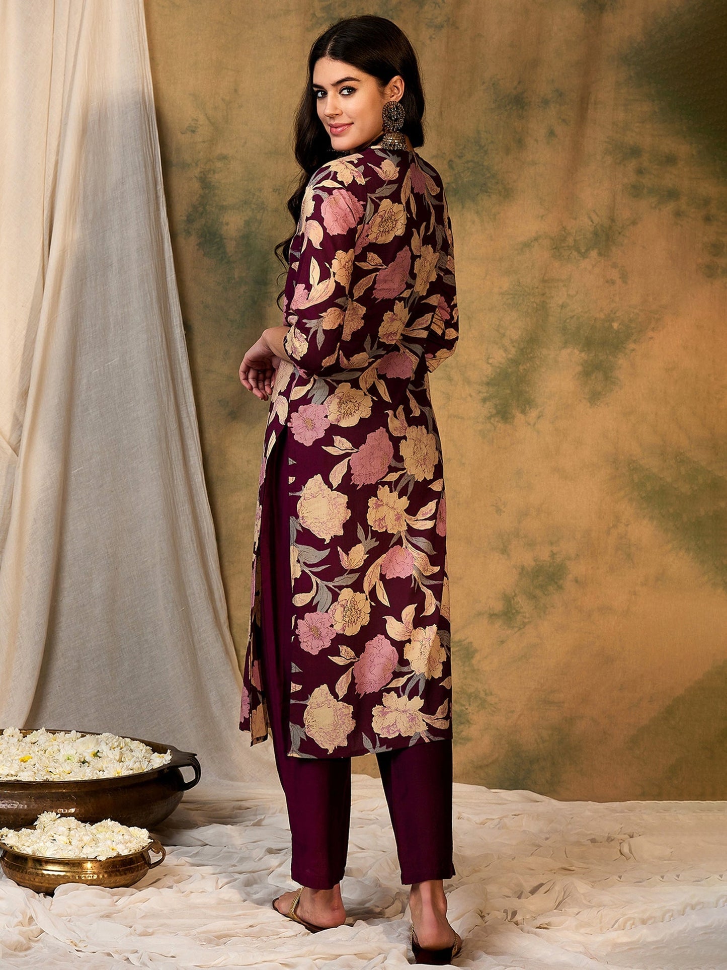 Indo Era Burgundy Printed Straight Kurtas