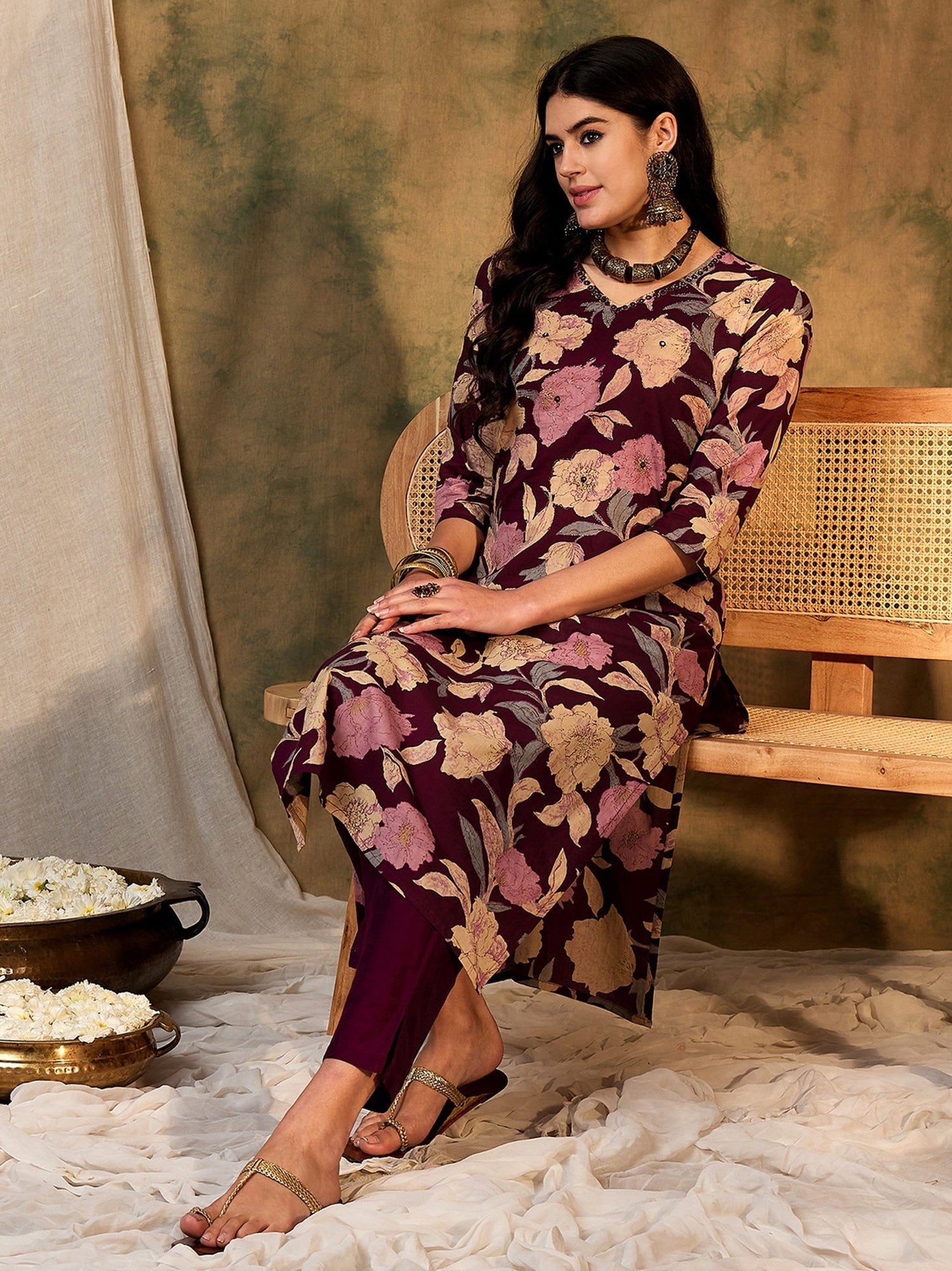 Indo Era Burgundy Printed Straight Kurtas