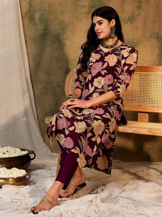 Indo Era Burgundy Printed Straight Kurtas