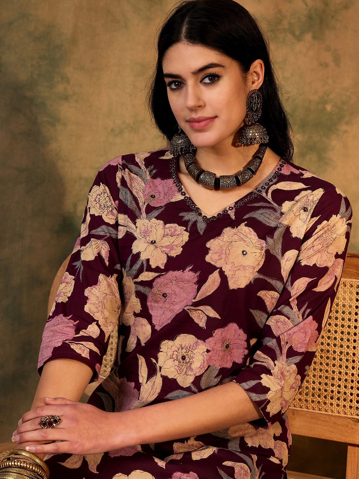 Indo Era Burgundy Printed Straight Kurtas