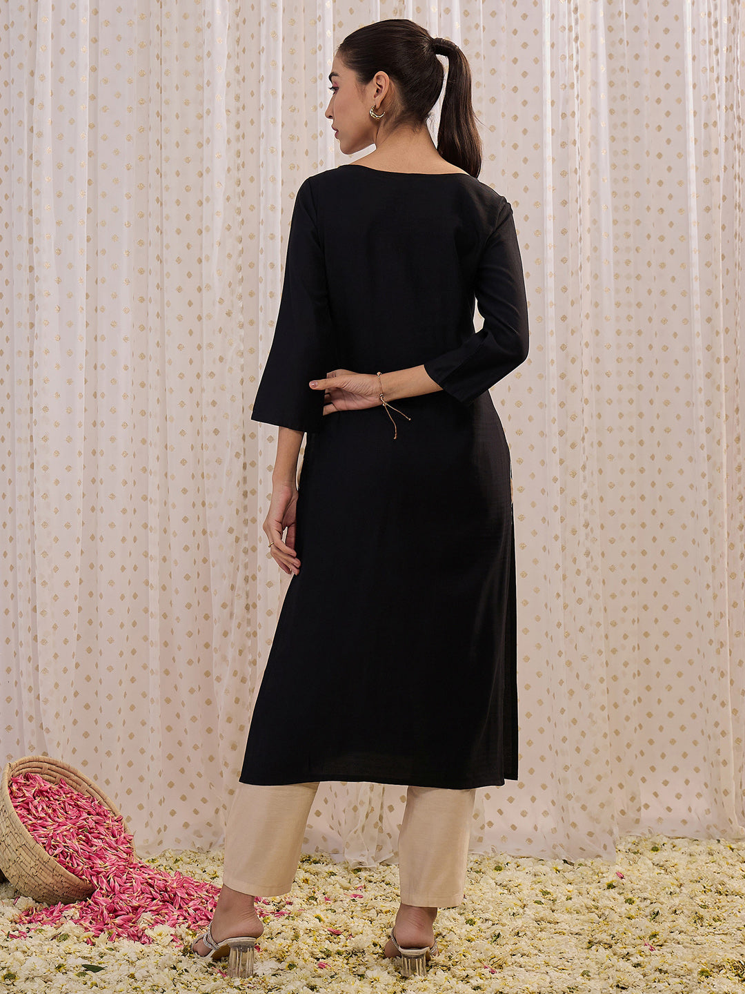 Indo Era Black Solid Straight Kurtas
