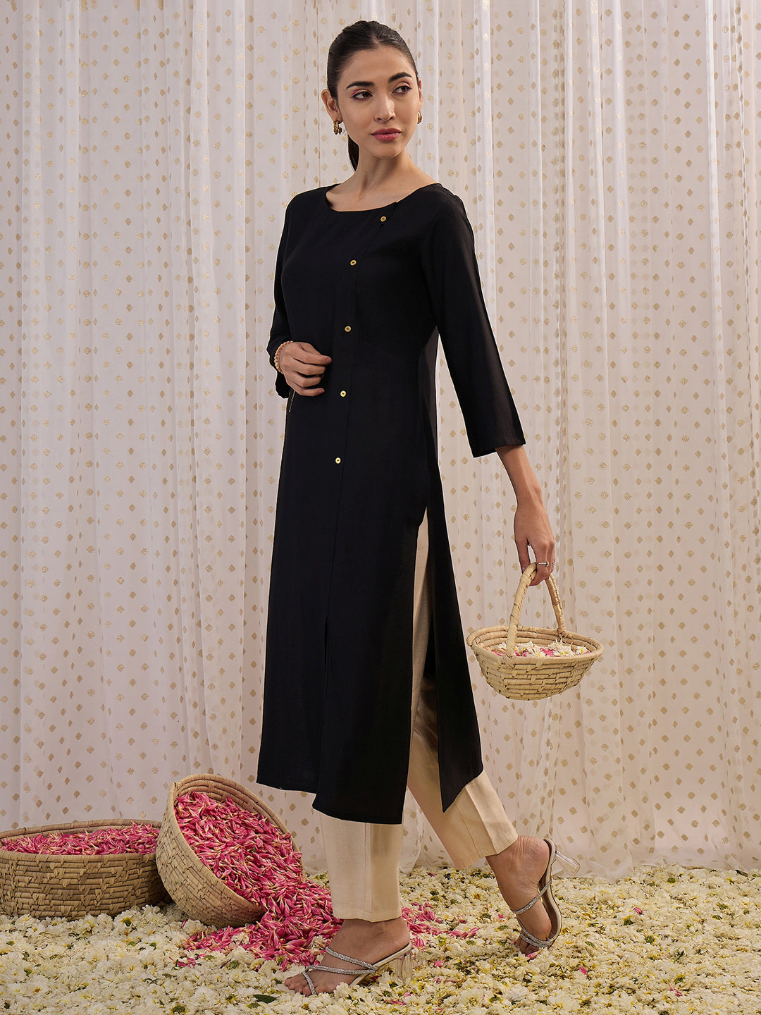 Indo Era Black Solid Straight Kurtas