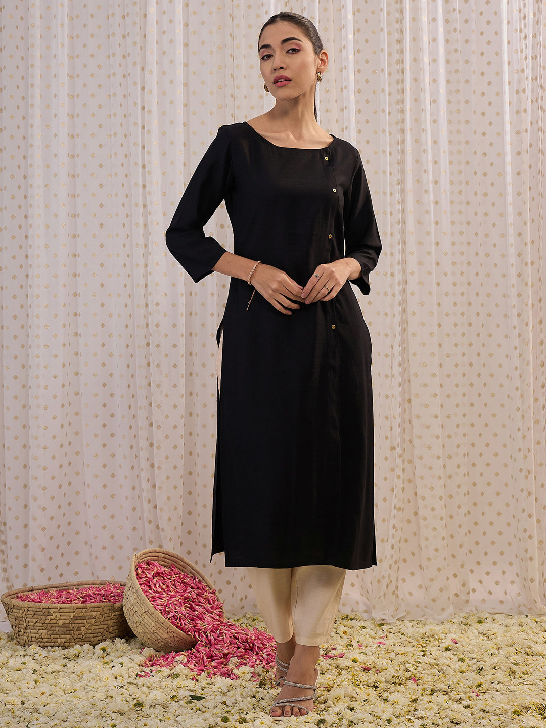 Indo Era Black Solid Straight Kurtas