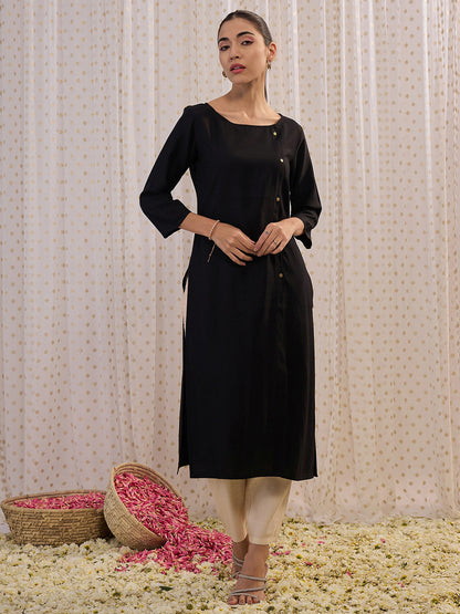 Indo Era Black Solid Straight Kurtas