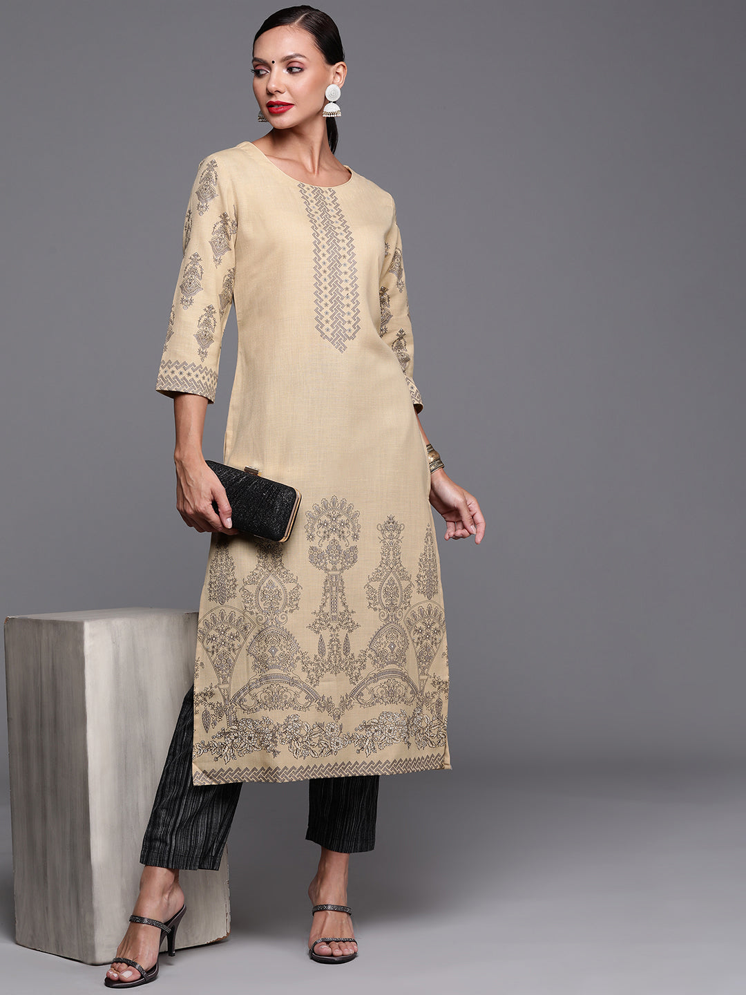 Indo Era Beige Foil Printed Straight Kurtas