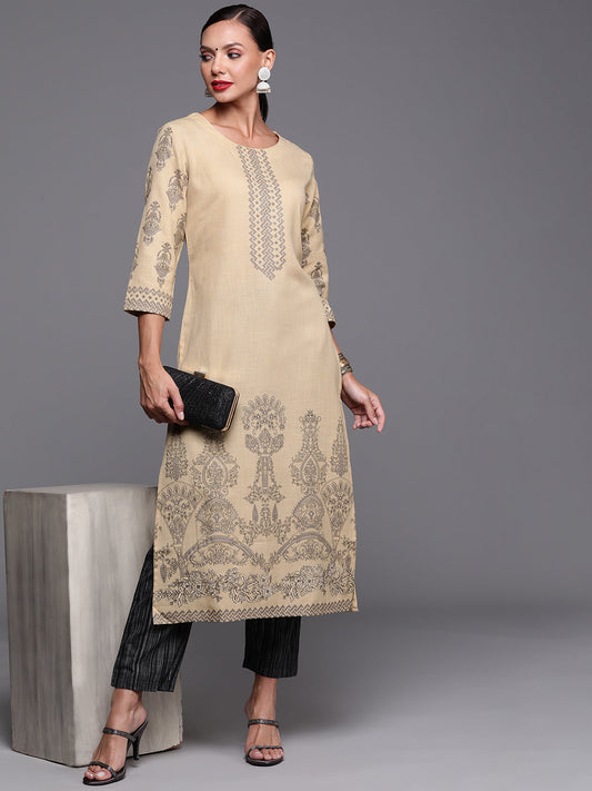 Indo Era Beige Foil Printed Straight Kurtas