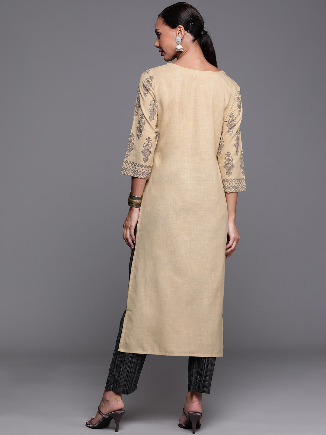 Indo Era Beige Foil Printed Straight Kurtas