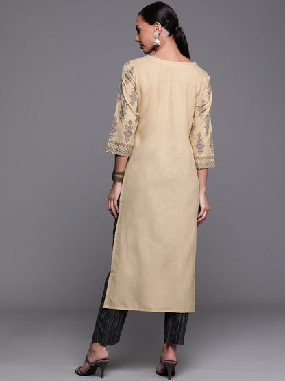 Indo Era Beige Foil Printed Straight Kurtas