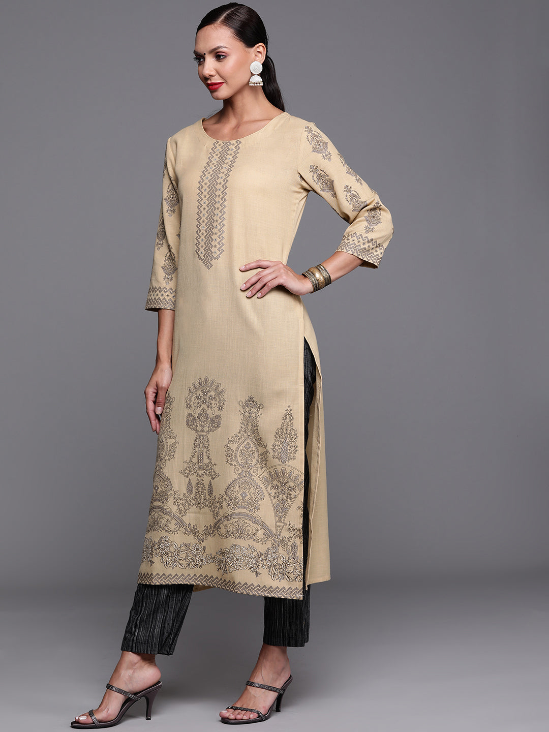 Indo Era Beige Foil Printed Straight Kurtas