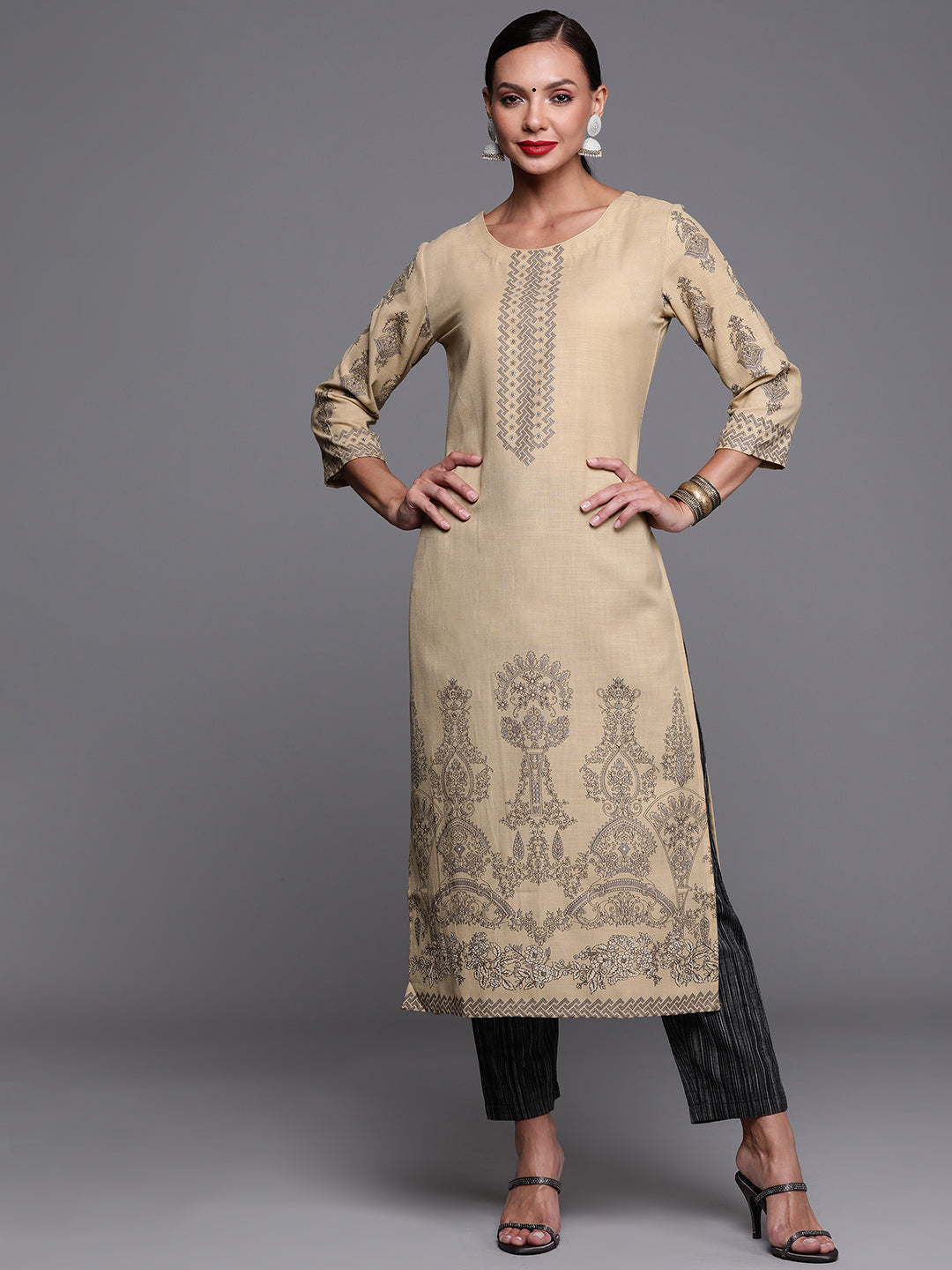 Indo Era Beige Foil Printed Straight Kurtas