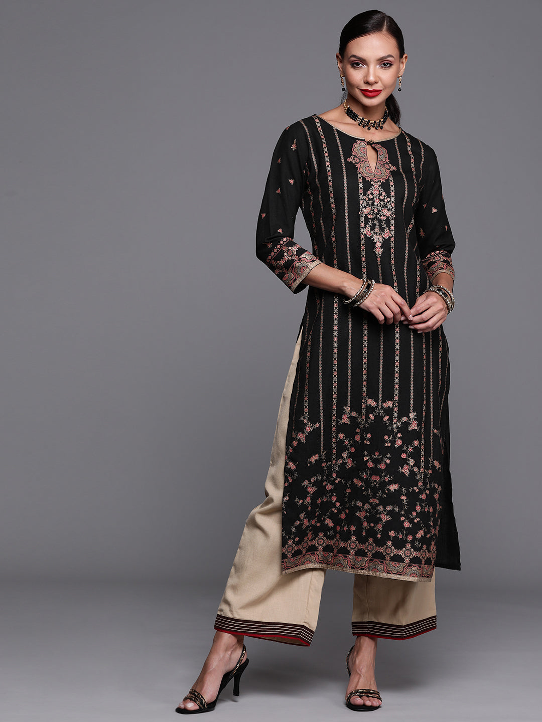 Indo Era Black Foil Printed Straight Kurtas
