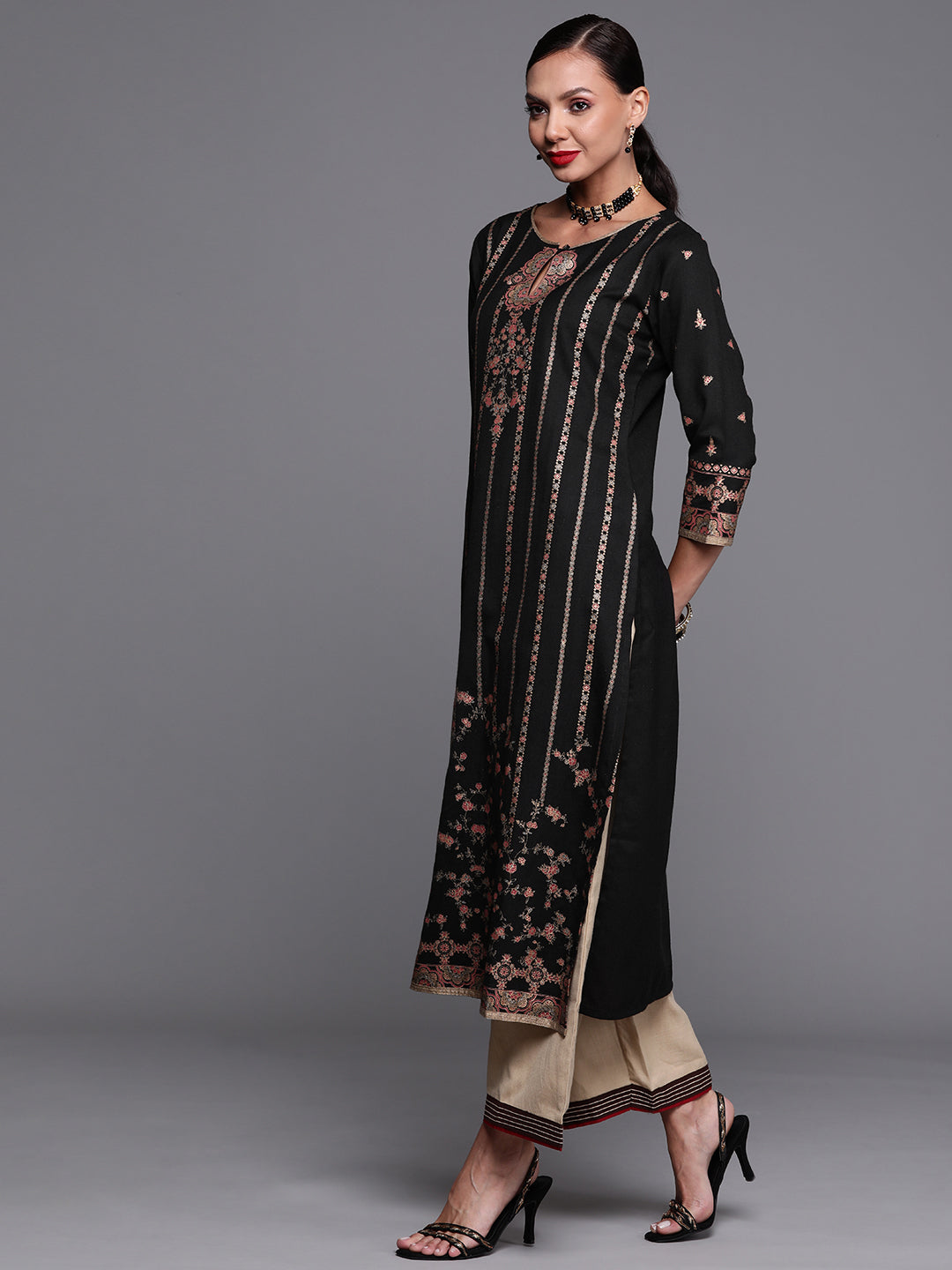 Indo Era Black Foil Printed Straight Kurtas