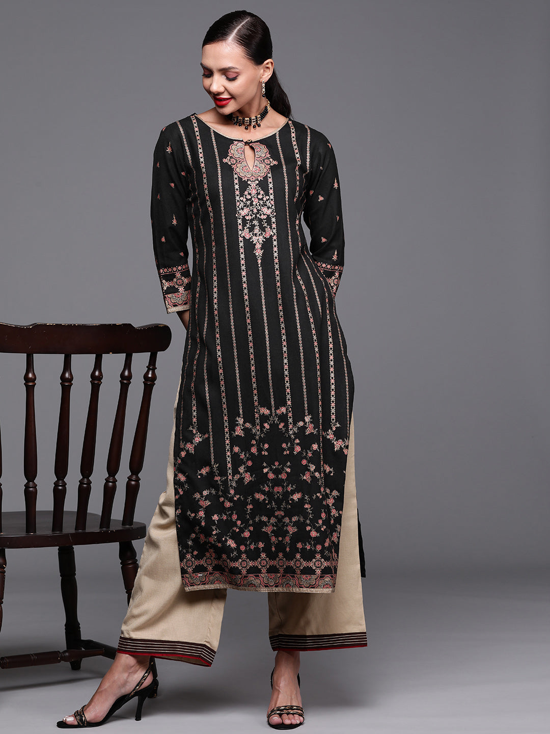 Indo Era Black Foil Printed Straight Kurtas