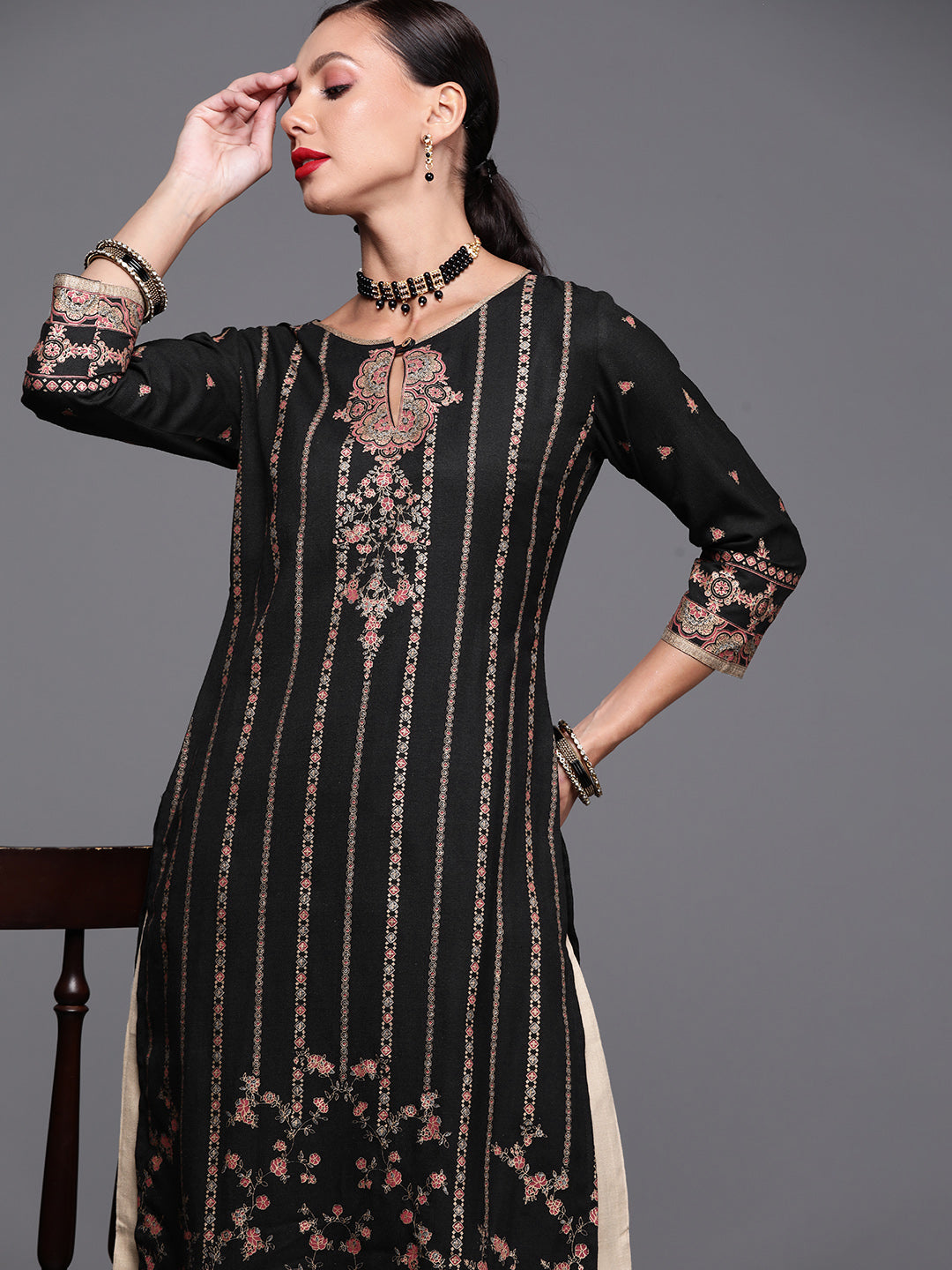 Indo Era Black Foil Printed Straight Kurtas