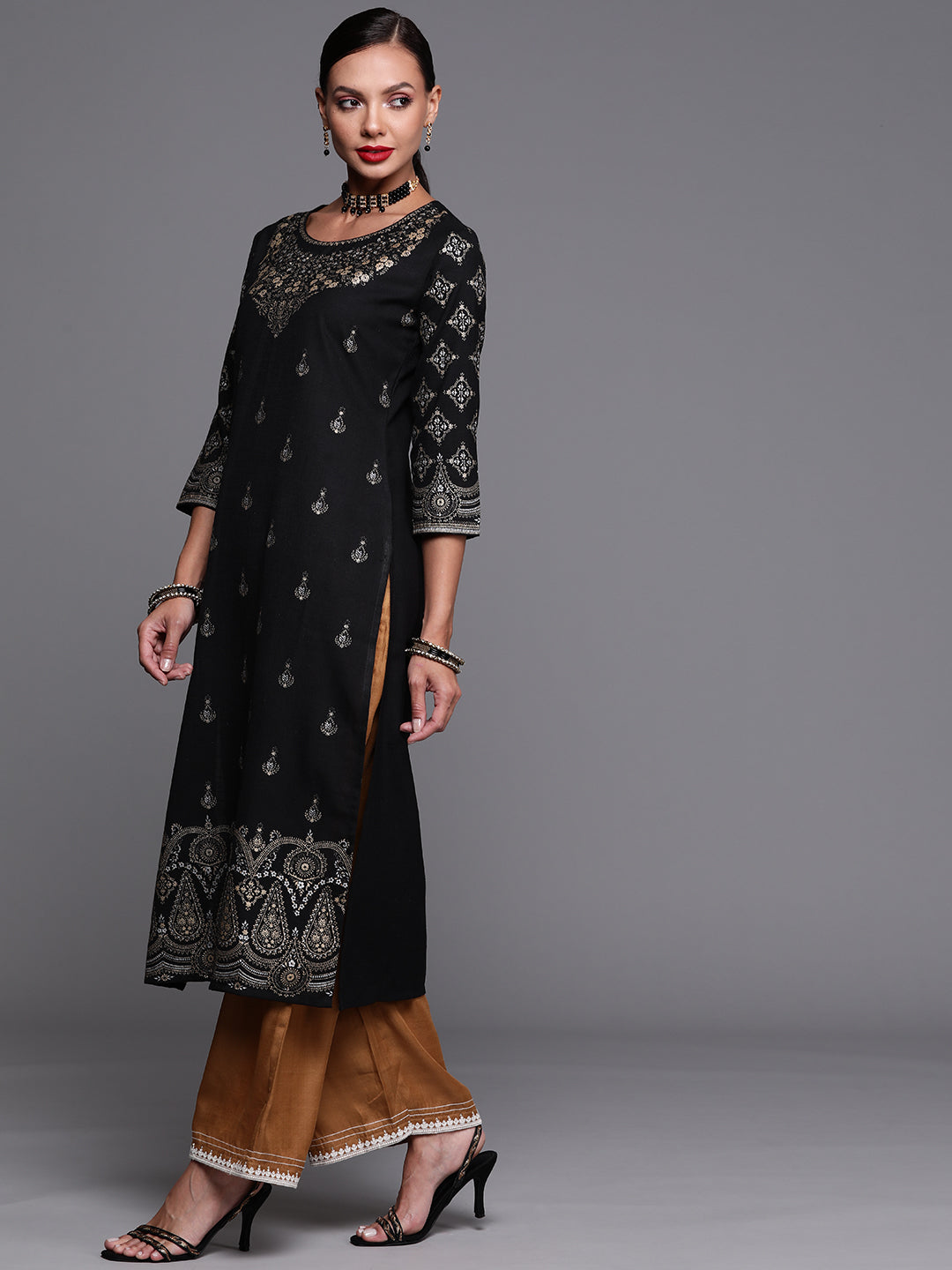 Indo Era Black Foil Printed Straight Kurtas