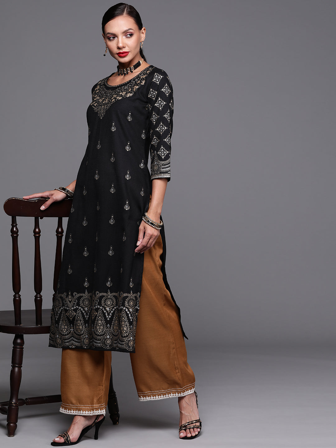 Indo Era Black Foil Printed Straight Kurtas