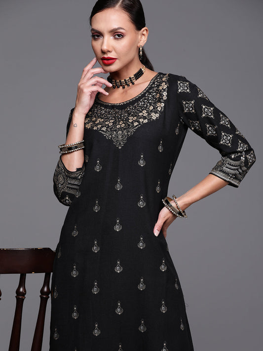 Indo Era Black Foil Printed Straight Kurtas