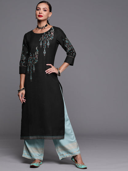 Indo Era Black Foil Printed Straight Kurtas