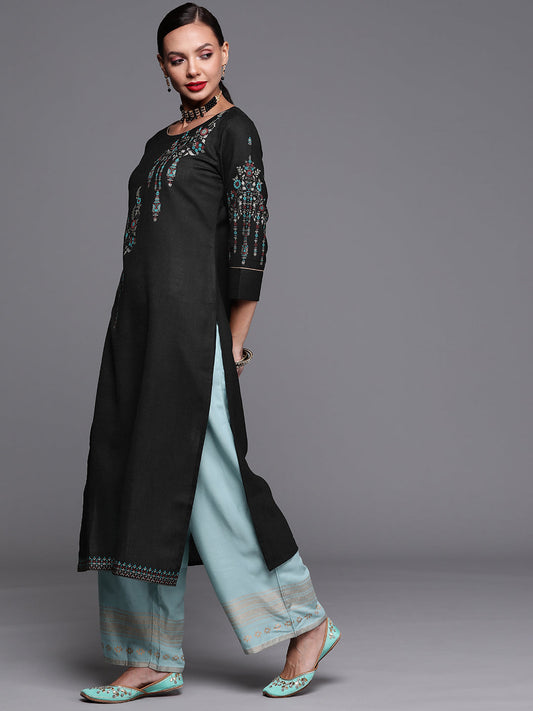 Indo Era Black Foil Printed Straight Kurtas