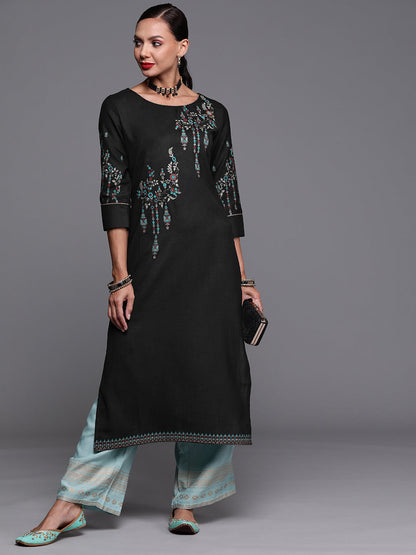 Indo Era Black Foil Printed Straight Kurtas