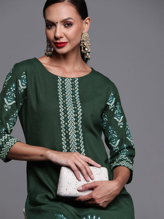 Indo Era Green Foil Printed Straight Kurtas