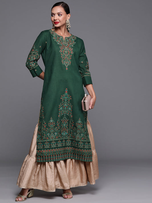 Indo Era Green Foil Printed Straight Kurtas