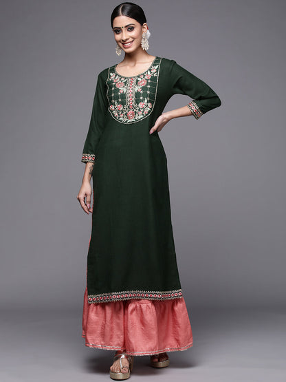 Indo Era Green Solid Straight Kurtas
