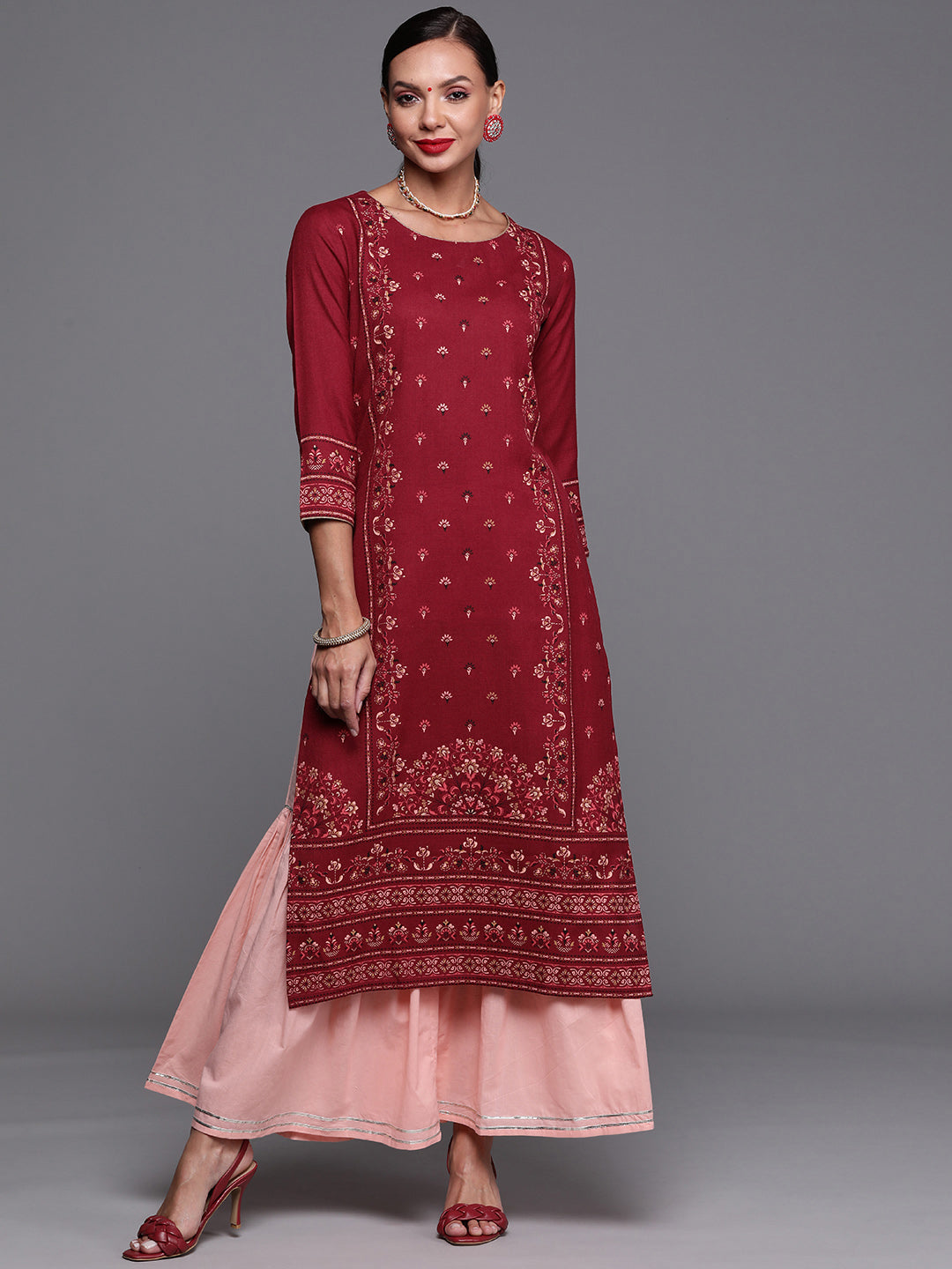 Maroon Foil Printed Straight Kurtas