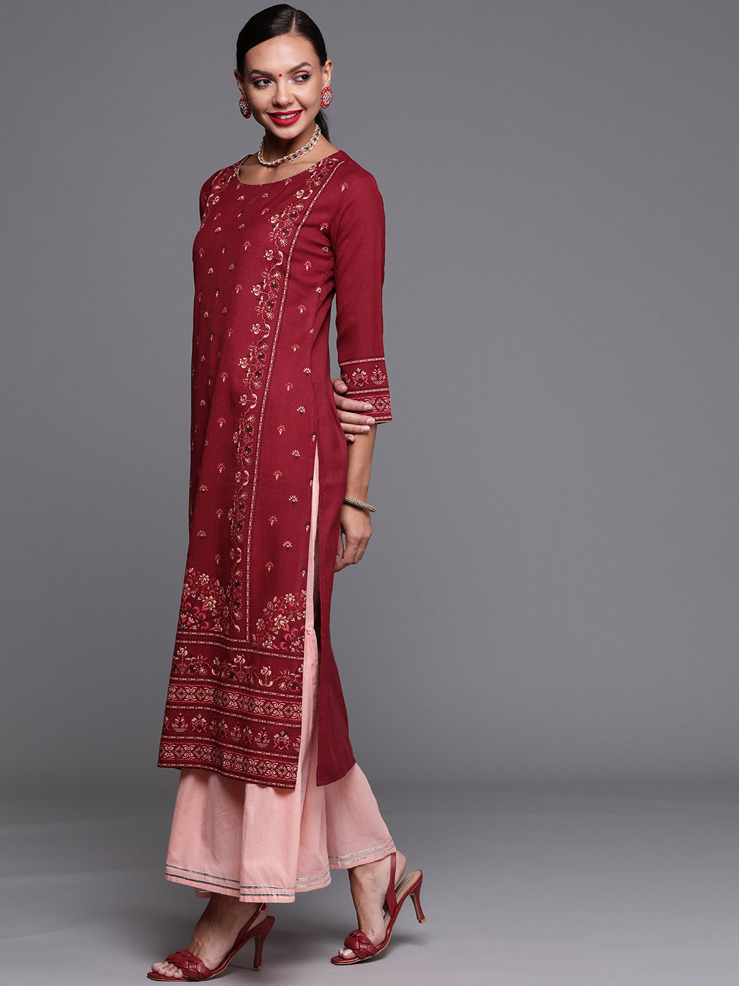 Maroon Foil Printed Straight Kurtas