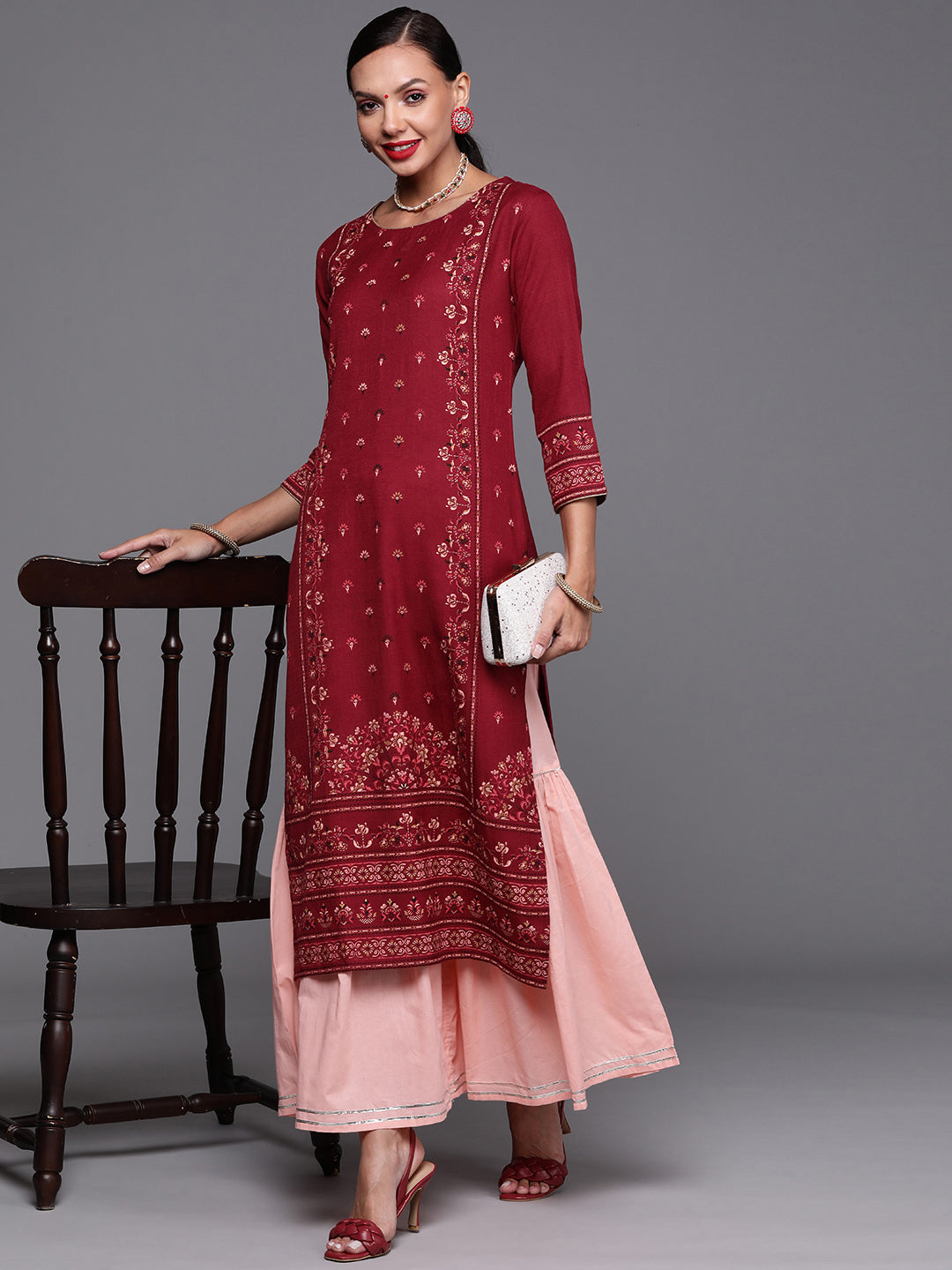 Maroon Foil Printed Straight Kurtas
