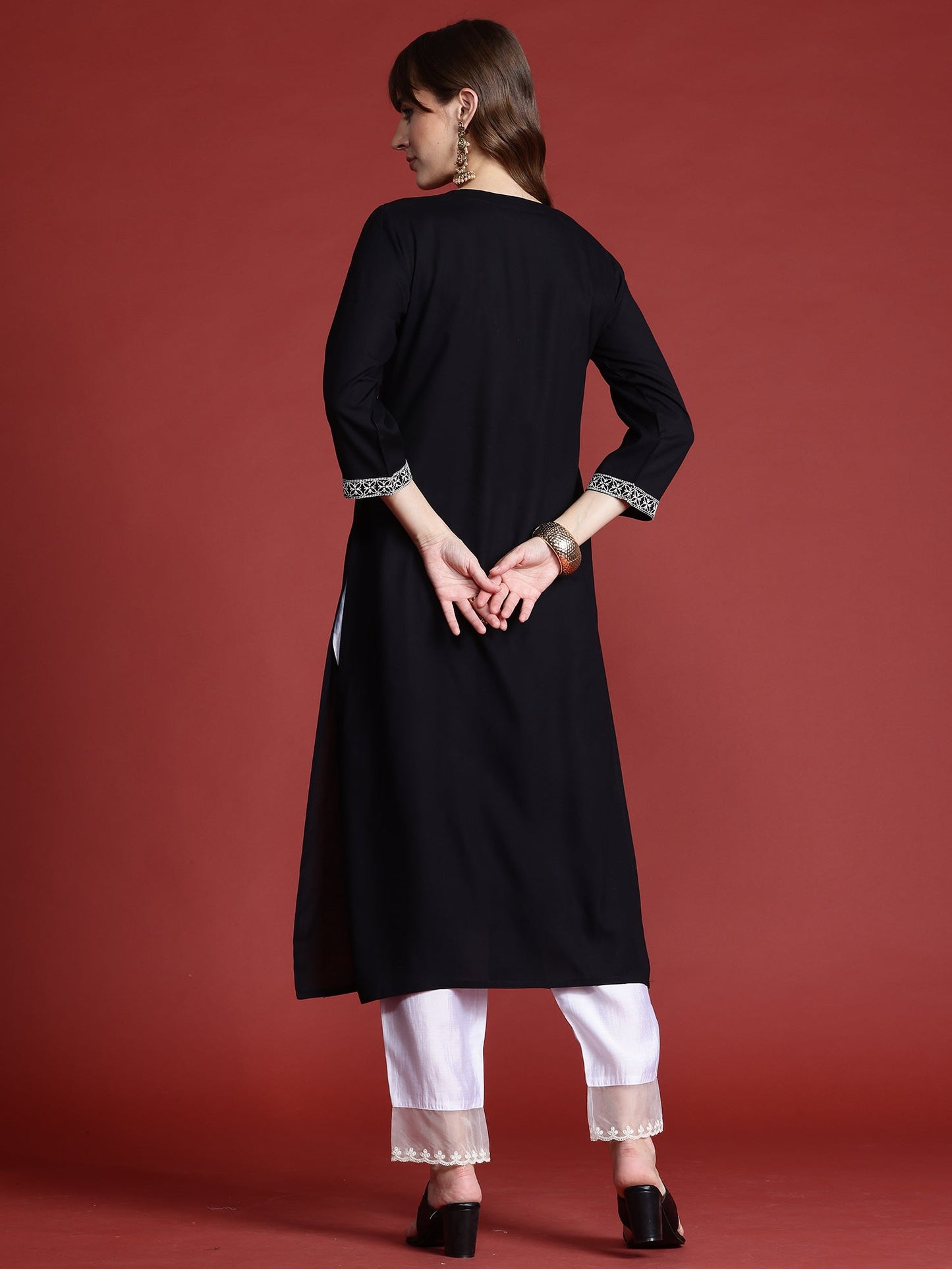 Indo Era Black Embroidered Straight Kurtas