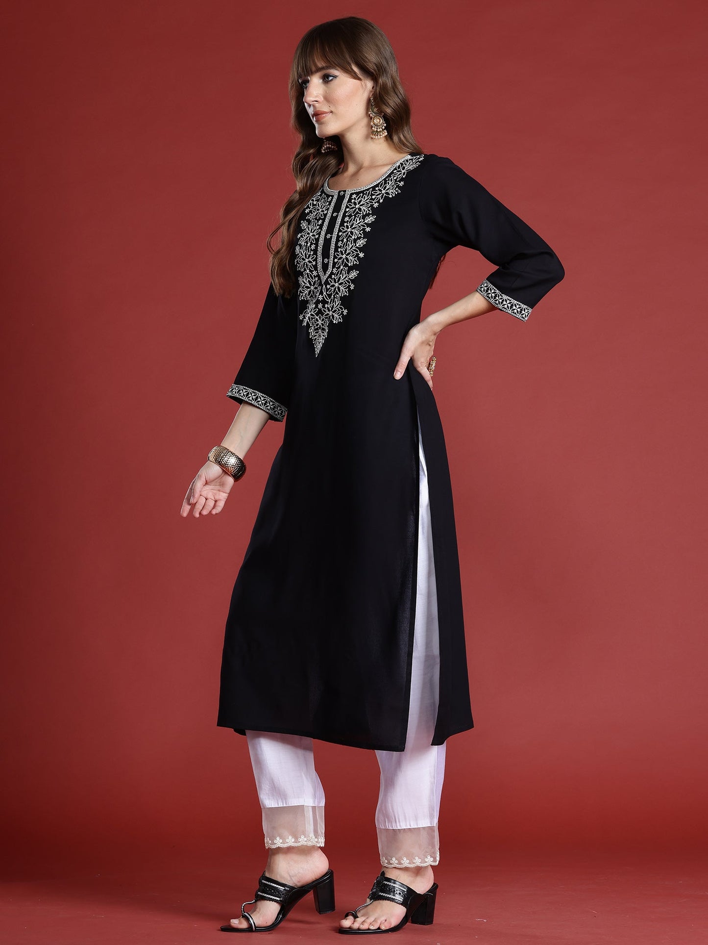 Indo Era Black Embroidered Straight Kurtas