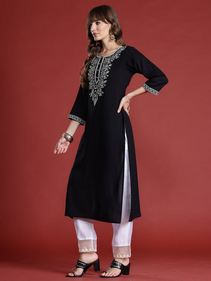 Indo Era Black Embroidered Straight Kurtas