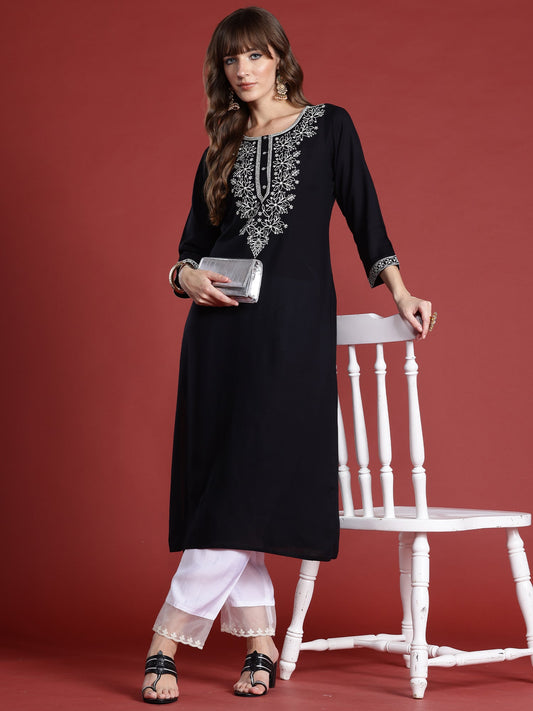 Indo Era Black Embroidered Straight Kurtas