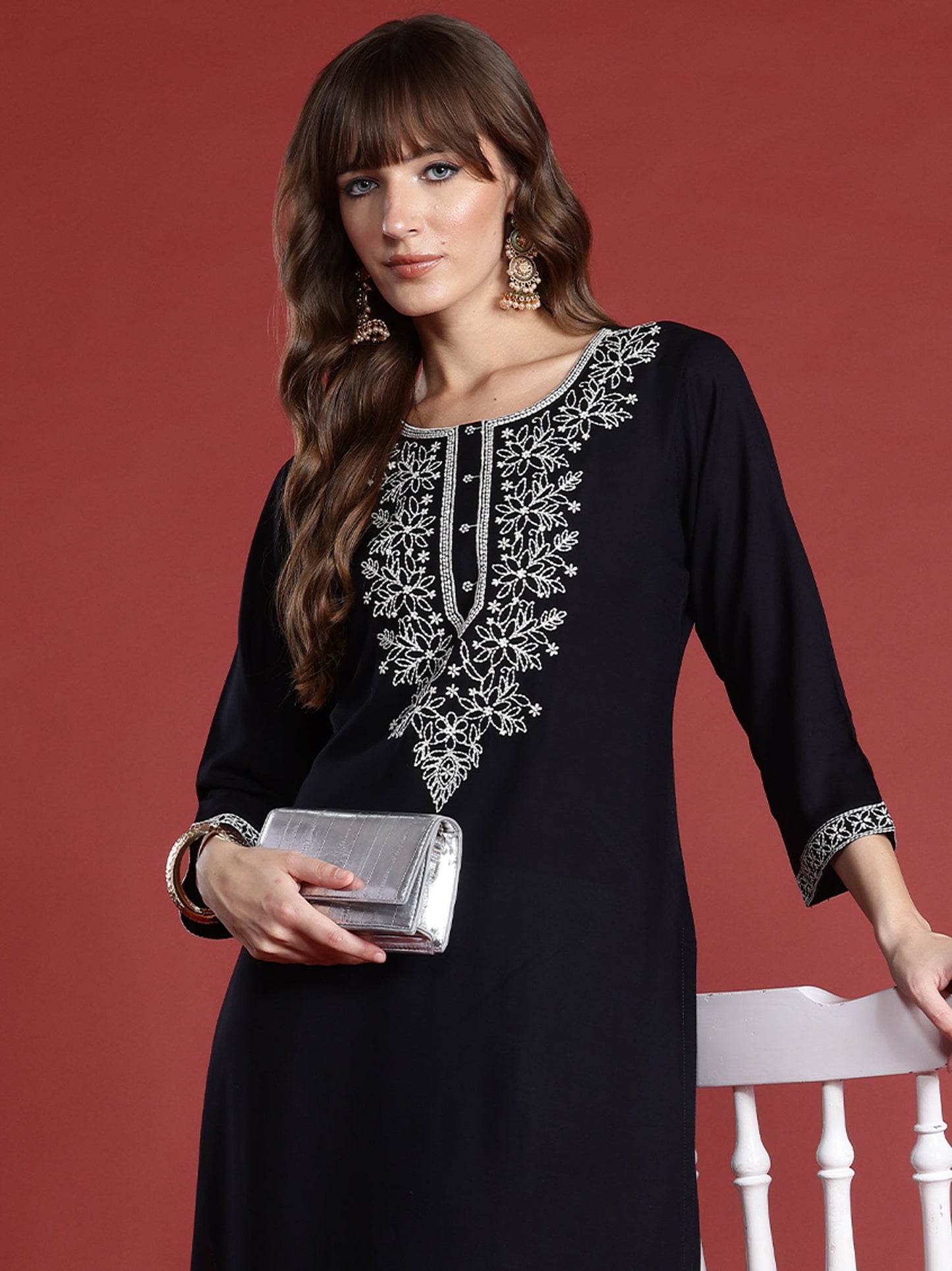 Indo Era Black Embroidered Straight Kurtas