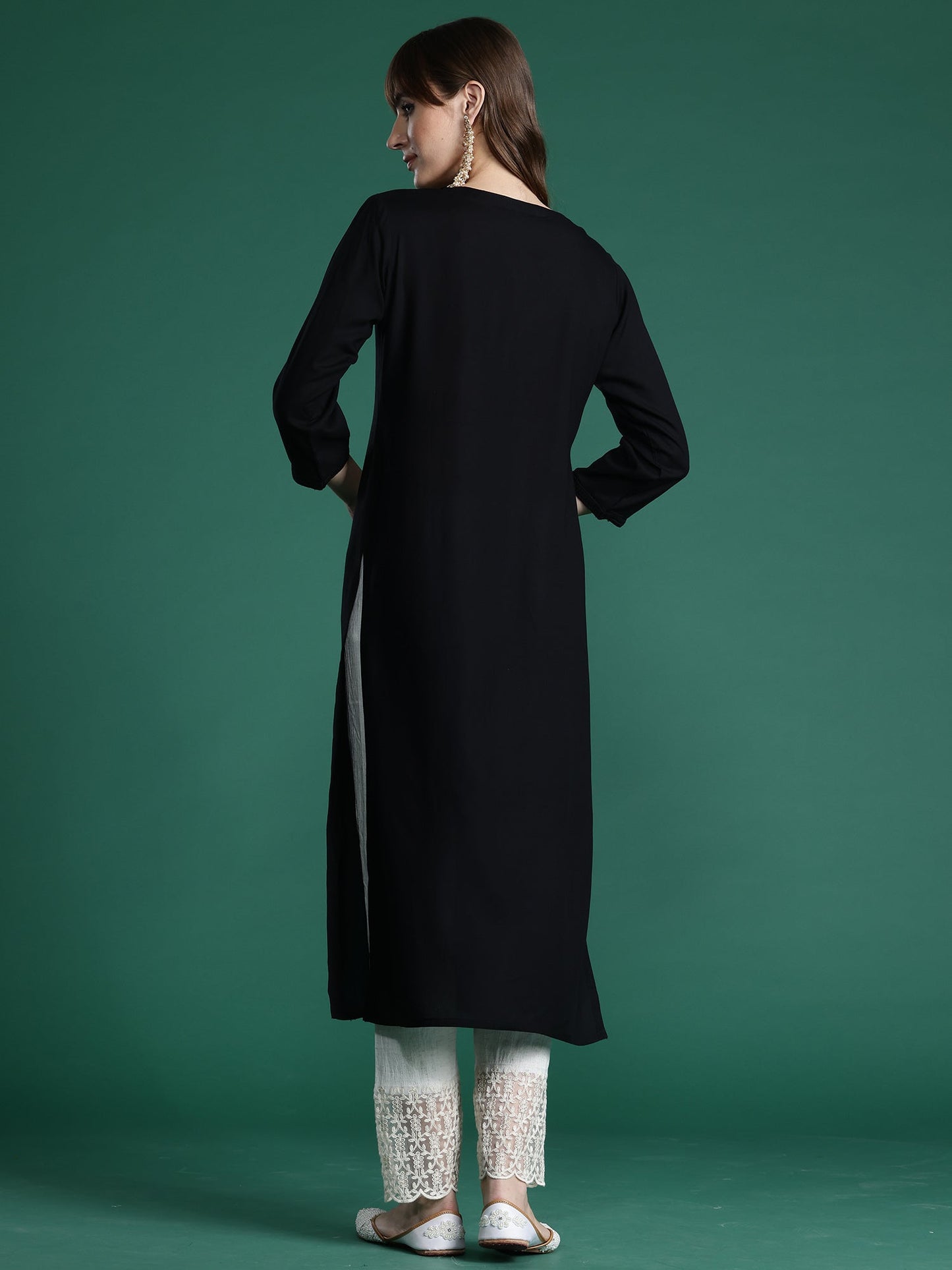 Indo Era Black Embroidered Straight Kurtas