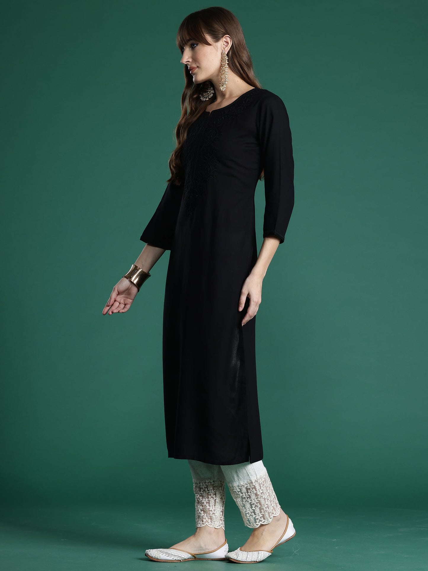 Indo Era Black Embroidered Straight Kurtas