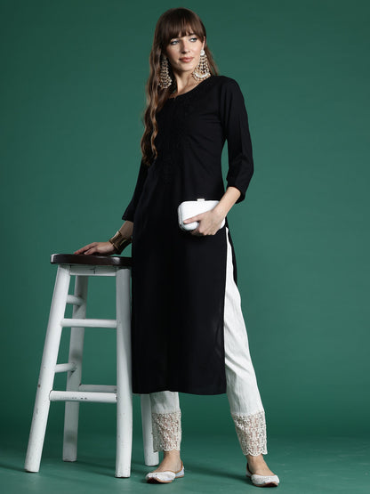 Indo Era Black Embroidered Straight Kurtas