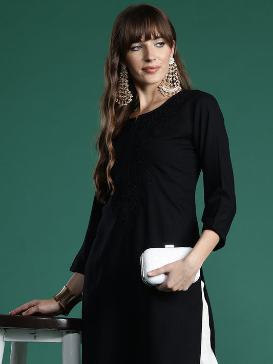 Indo Era Black Embroidered Straight Kurtas