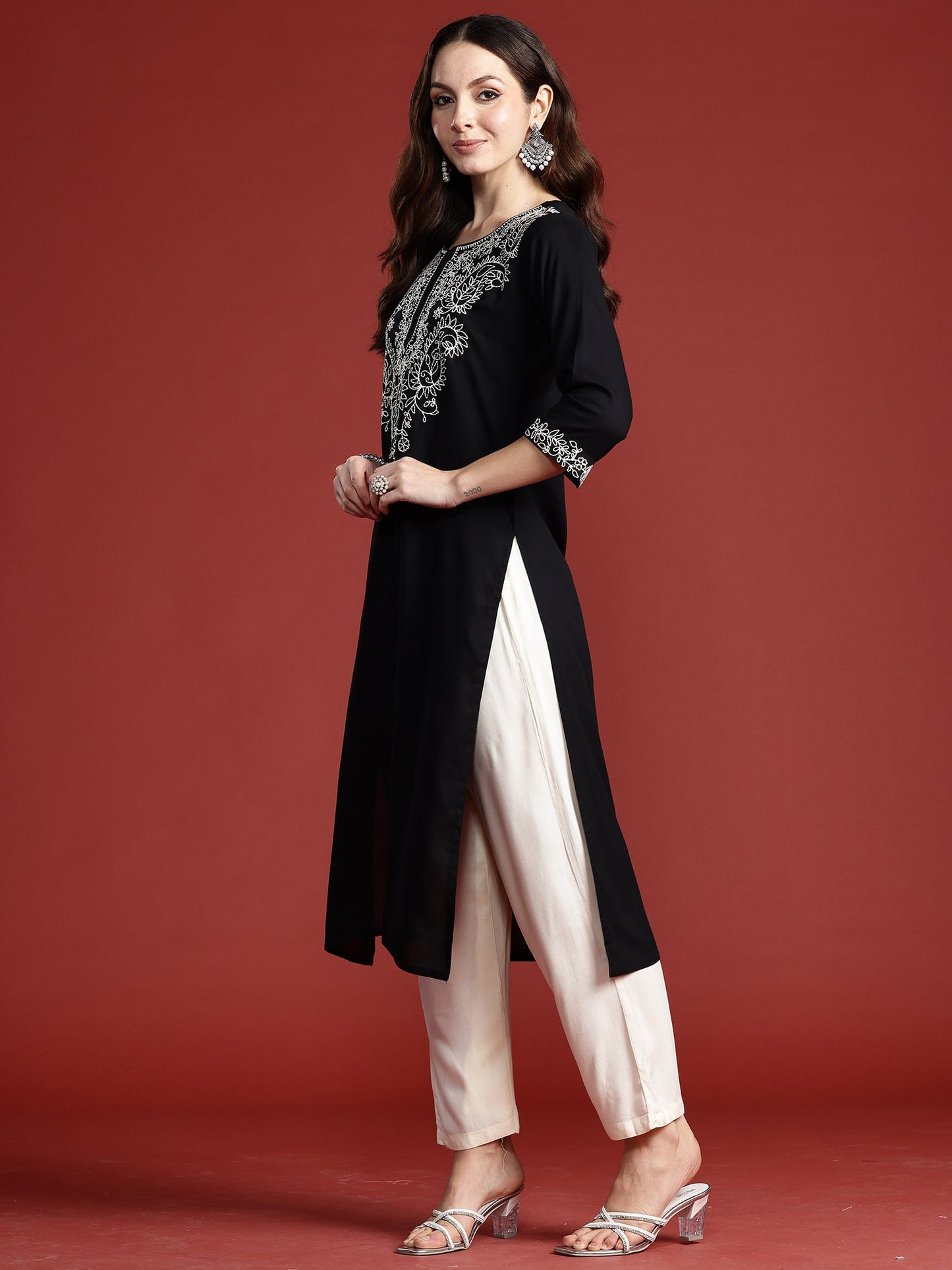 Indo Era Black Embroidered Straight Kurtas