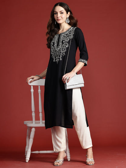 Indo Era Black Embroidered Straight Kurtas