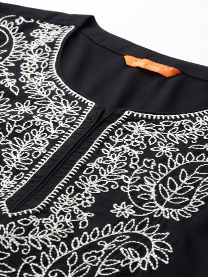 Indo Era Black Embroidered Straight Kurtas
