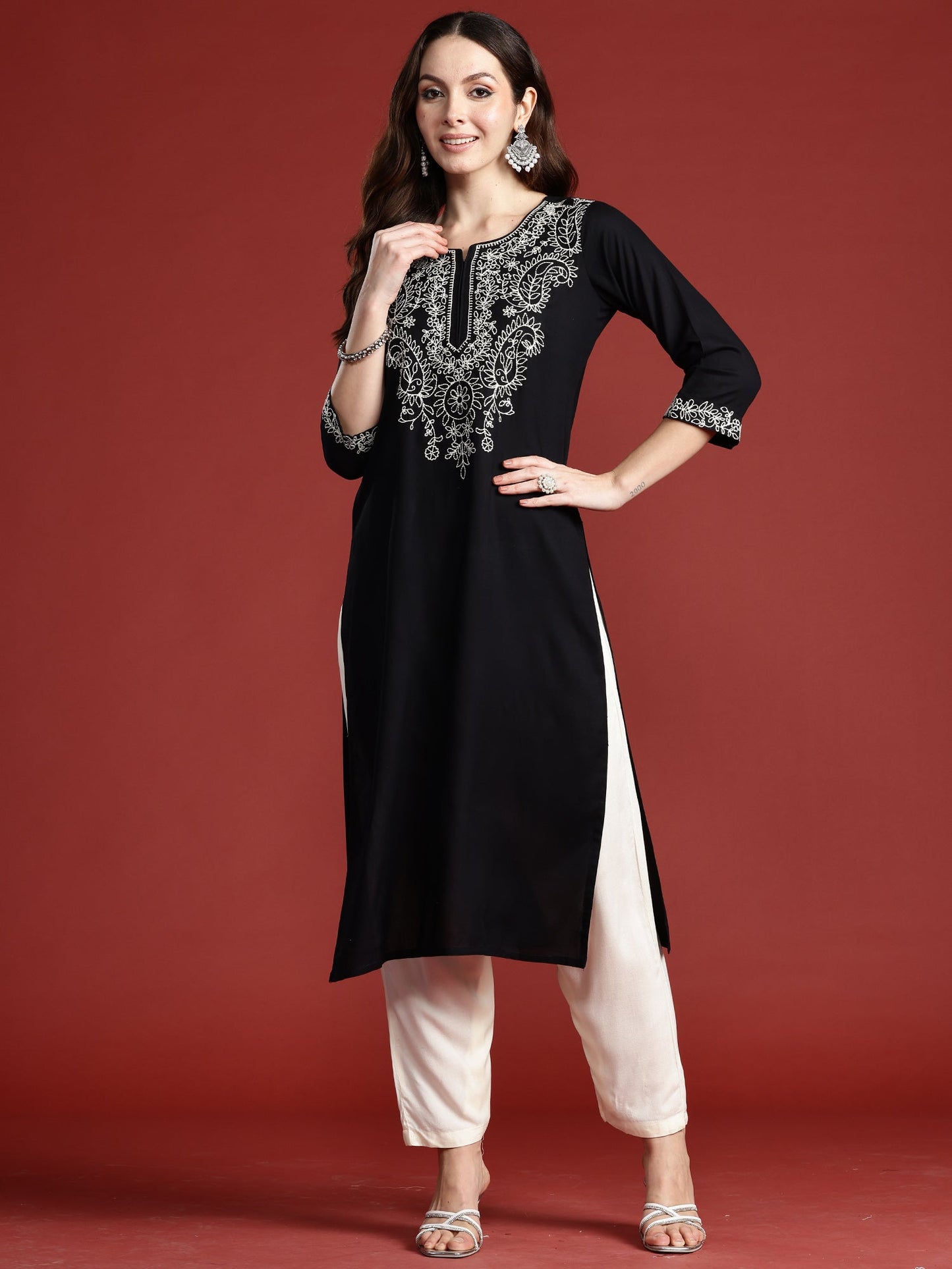 Indo Era Black Embroidered Straight Kurtas