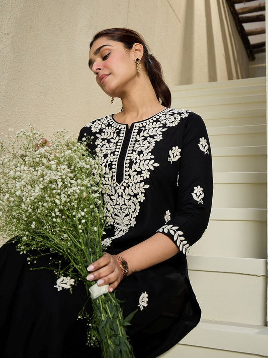 Indo Era Black Embroidered Straight Kurtas