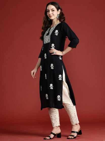 Black Embroidered Straight Kurtas